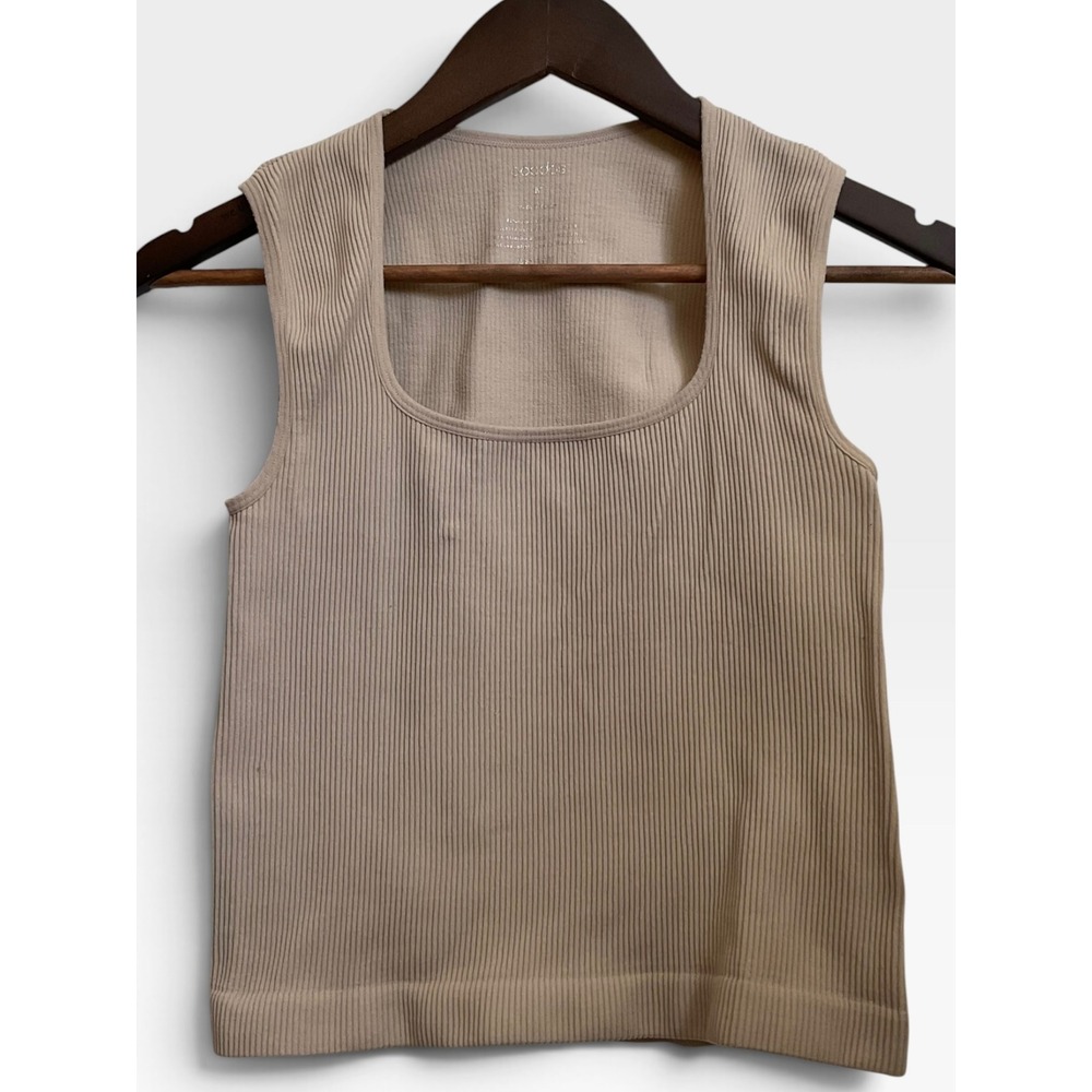 Ododos Ribbed Seamless Tank | Square Neck Crop Top | M | Tan | Athleisure